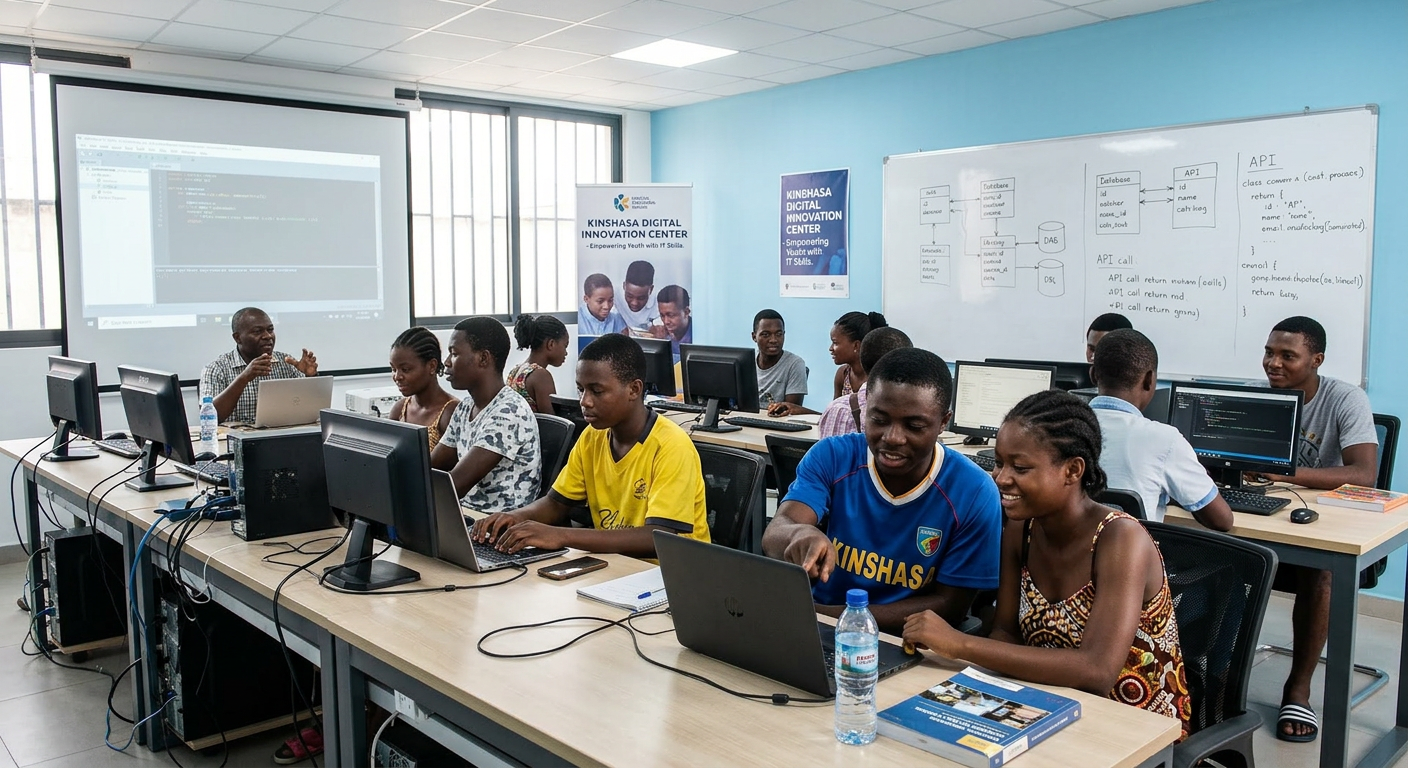 KI-generiert_Jugendliche nehmen in einem Schulungsraum an einem IT-Kurs teil - in Kinshasa